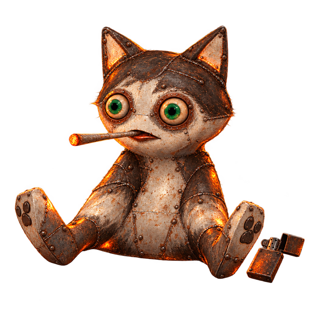 Fried Cat unit, paws raised, lighter beside it, cutout illustration