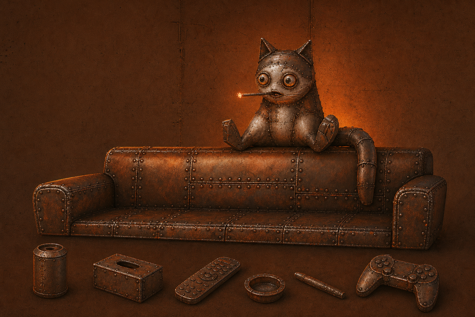 Fried Cat unit posed against a full riveted steel couch, with matching riveted field accessories arranged on the floor below